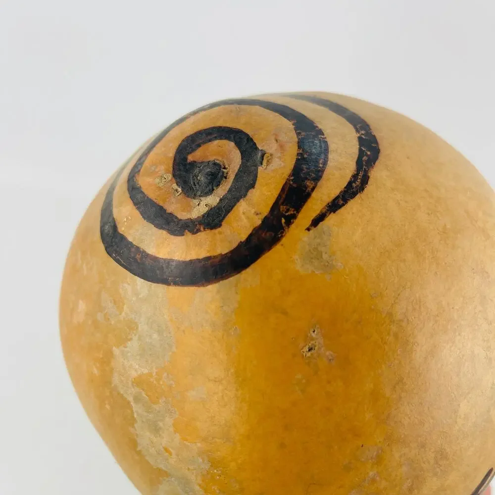 Native American Folk Art Gourd Rattle Petroglyph-style Paint & Feathers